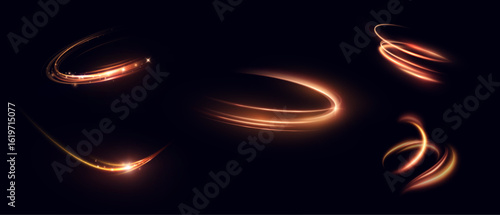 Set of bright swirl effects of orange-red light trail with bright shimmer and glare. Vector light effect for design and illustrations isolated on dark background.