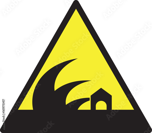 Tsunami warning sign vector illustration. wave and house icon silhouette. 