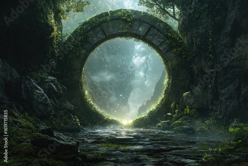 Lush, mossy archway in a mystical forest