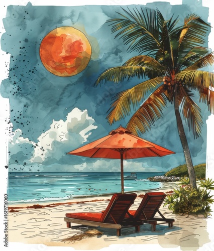 Tropical watercolor illustration of a beach with sunloungers, palm tree, orange sun, and calm waves, ideal for travel blogs, postcards, or paradise-themed art.
