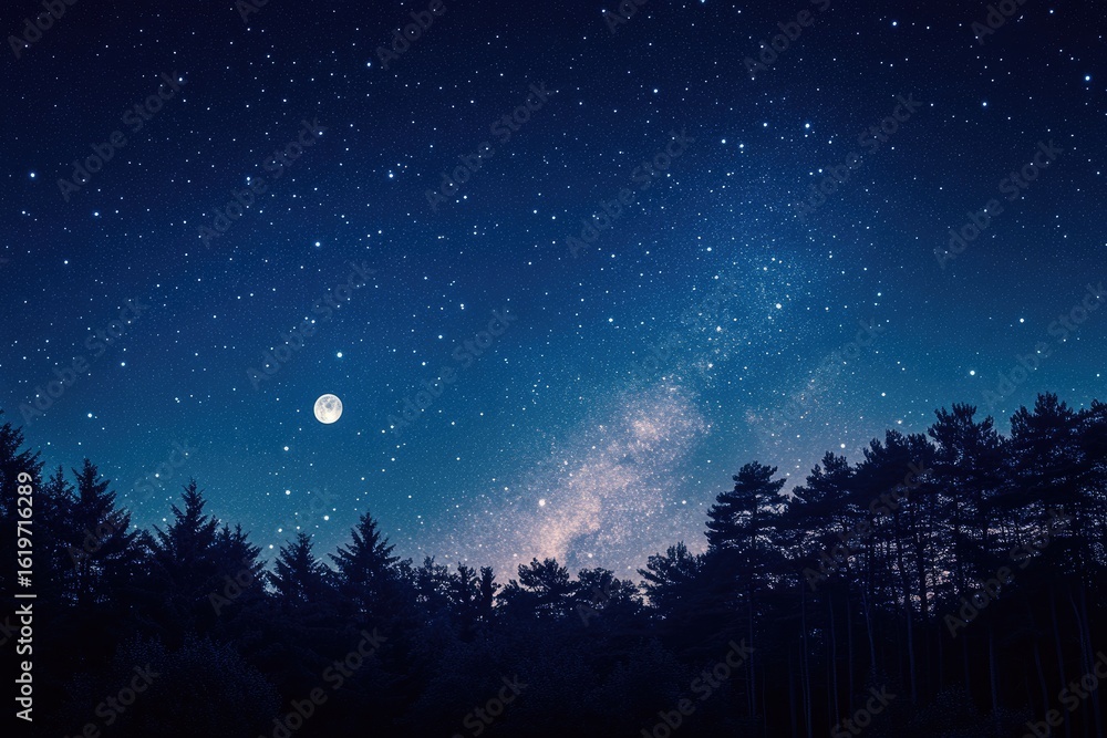 Naklejka premium Starry night over a dark forest