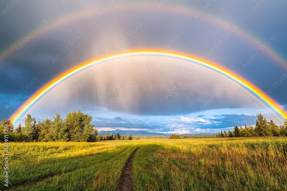 Naklejka premium Double rainbow arches over a field path