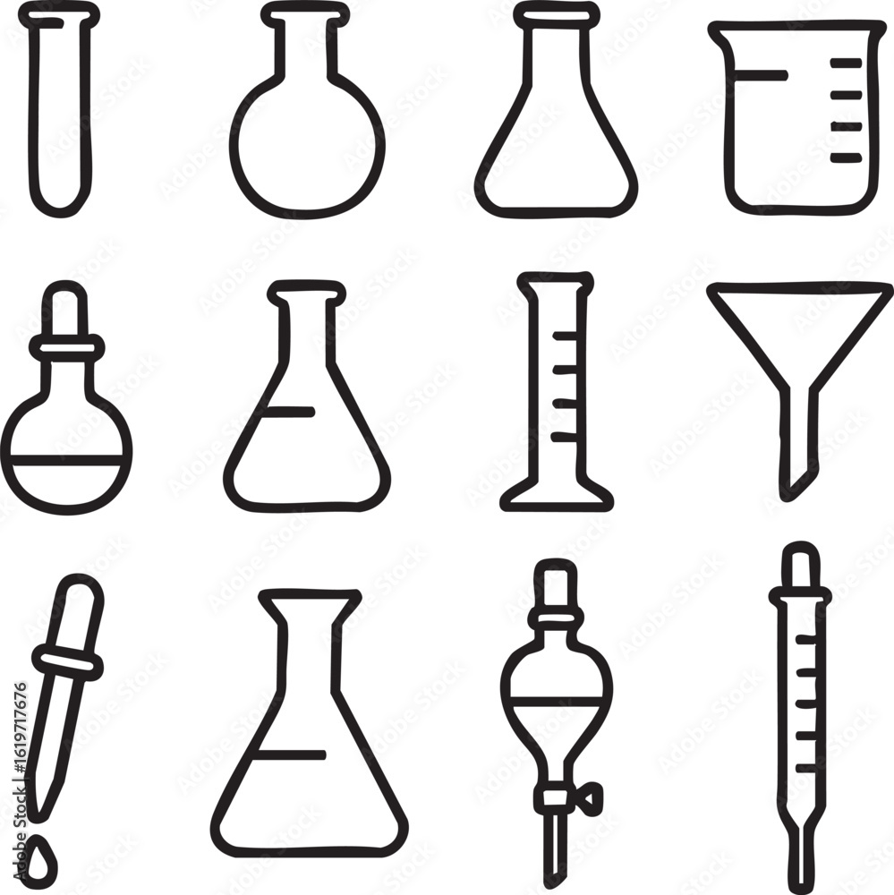 set of chemistry laboratory equipment.Test tube, round bottomed flask, flat bottomed flask, beaker, wurtz flask, conical flask, graduated cylinder,funnel, droppers, funnel drip, dividing funnel, pipe set of chemistry laboratory equipment.Test tube, round bottomed flask, flat bottomed flask, beaker, wurtz flask, conical flask, graduated cylinder,funnel, droppers, funnel drip, dividing funnel, pipe