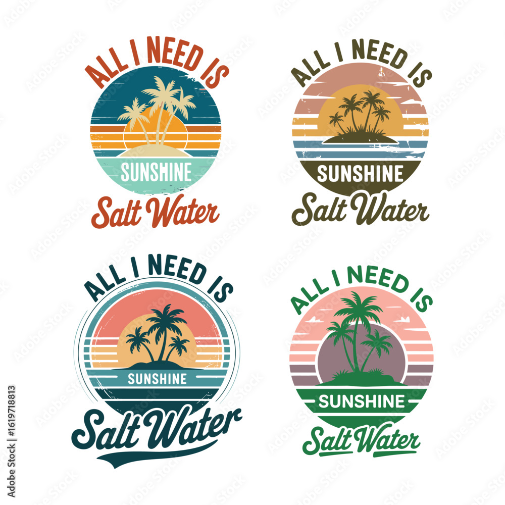 Obraz premium Tropical Beach Sunset Quote Set Sunshine Salt Water island palm trees