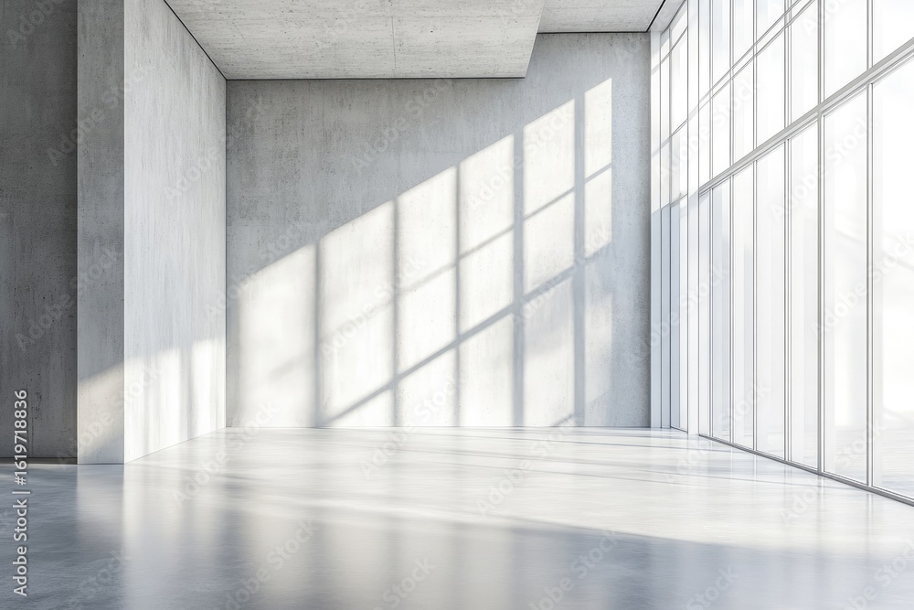 Fototapeta premium Empty, modern space with concrete walls and large windows. Sunlight casts shadows on the walls