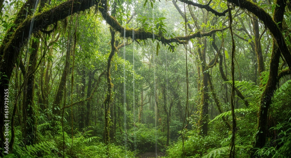 Fototapeta premium Lush rainforest, misty canopy