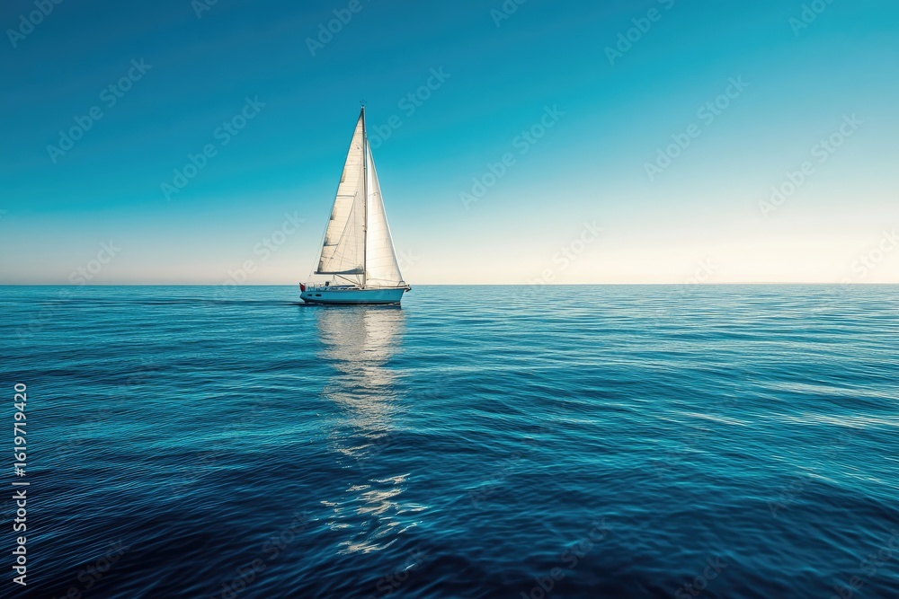 Obraz premium Tranquil sailboat on a vast, azure sea. A lone sailboat with a white sail glides across a vast expanse of deep blue ocean under a clear, bright sky. The water's surface reflects the boat and sky