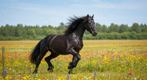 Black horse galloping through colorful meadow (1)