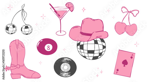 Disco ball y2k bachelorette party tattoo sketch. Disco ball with hat, vinyl, cherry disco set. Doodle shiny nightlife music illustration. Groovy 2000 party