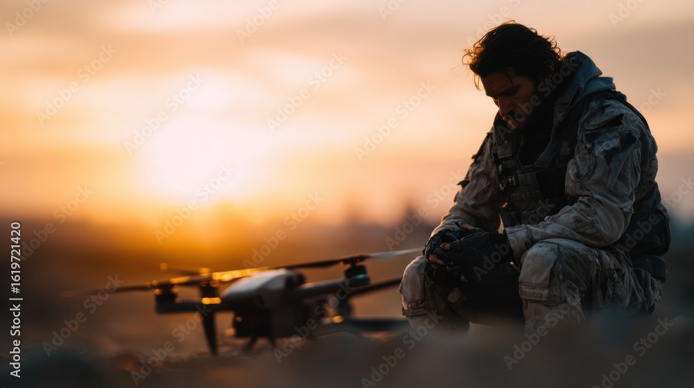 Technician Sitting Beside Damaged Drone During Sunset in Desert Technician Sitting Beside Damaged Drone During Sunset in Desert