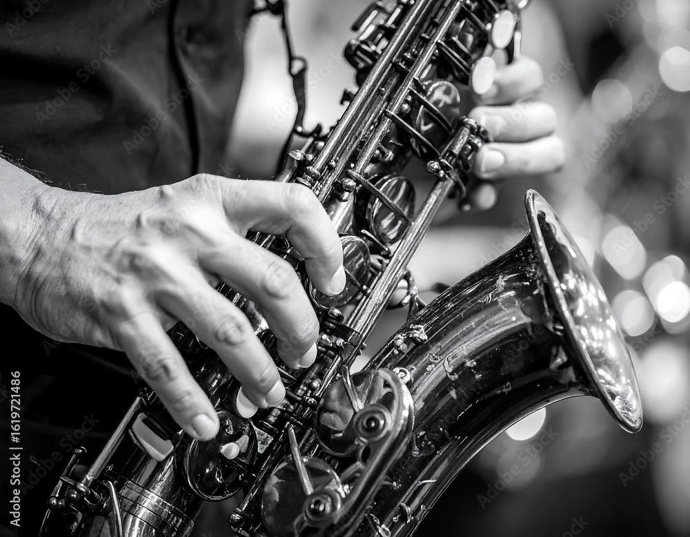 Obraz premium Saxophone player's hands on brass instrument