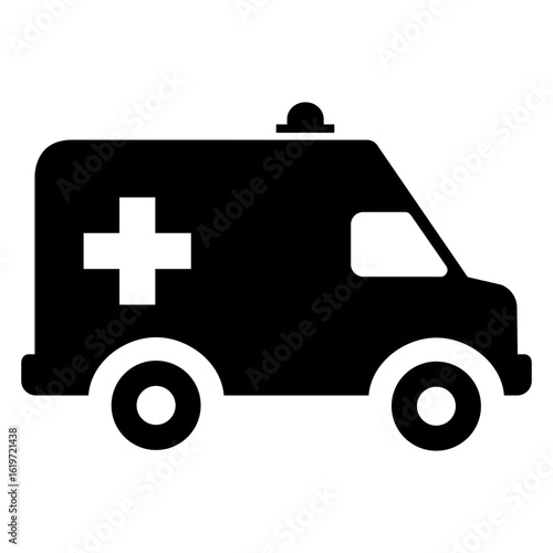 Logo primeros auxilios. Icono con silueta de ambulancia. Furgoneta con símbolo de cruz 
