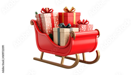 Santa Claus sleigh with shiny red gift box with ribbon and gold bow isolated on white background
