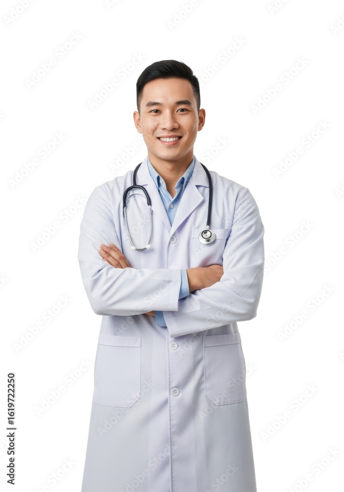 Young asian male doctor in a white lab coat with a stethoscope and crossed arms, smiling confidently, isolated on a clean white background with copy space, concept of medical professionalism Young asian male doctor in a white lab coat with a stethoscope and crossed arms, smiling confidently, isolated on a clean white background with copy space, concept of medical professionalism