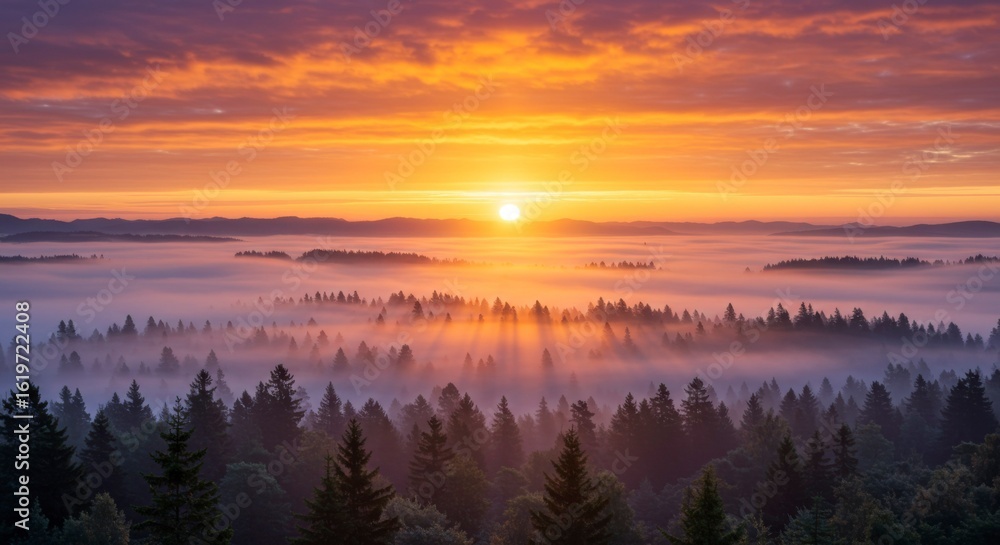 Fototapeta premium A breathtaking sunset paints the sky with warm hues, casting golden rays over a misty forest