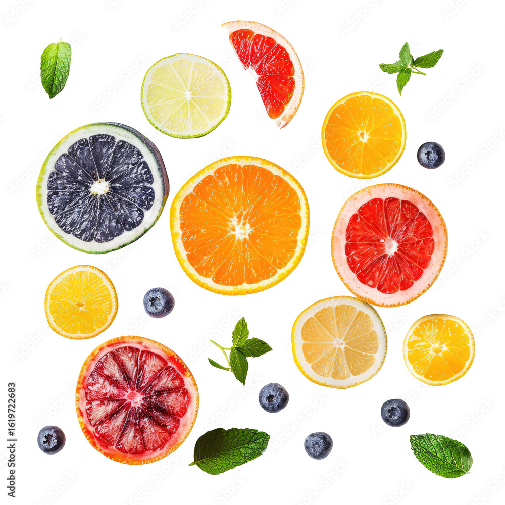 Obraz premium Colorful citrus fruit slices and blueberries, scattered on black background