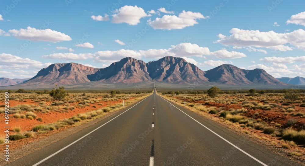 Fototapeta premium A long, straight highway cuts through a vast, arid landscape, leading towards majestic mountains under a vibrant blue sky