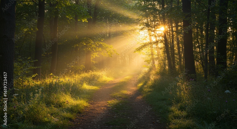 Naklejka premium Pathway through a forest bathed in sunlight, creating a serene and vibrant nature scene