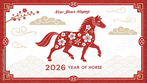 A festive Chinese new year of the horse 2026 illustration with red horse and floral patterns