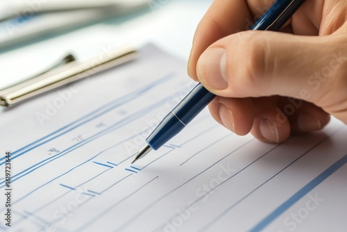 3D render of a person assessing performance with checklist, scoring marks with pen