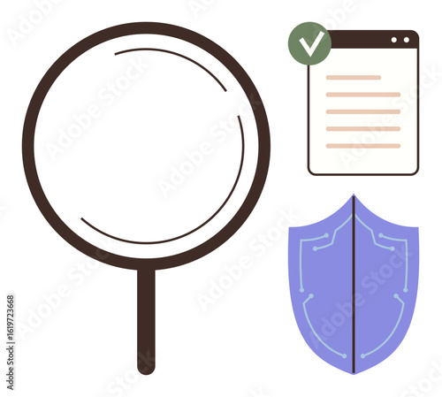 Magnifying glass, shield with circuitry, and document with approval checkmark. Ideal for safety, cybersecurity, analysis, data protection, approval system reliability and transparency. A simple