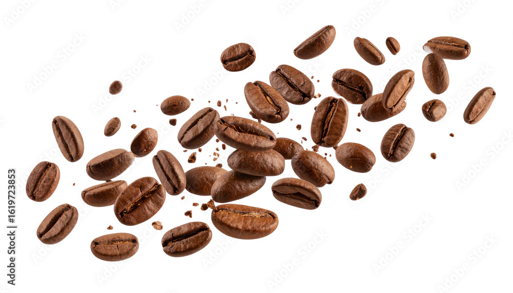 Obraz premium Scattered and separated roasted coffee beans on a white background