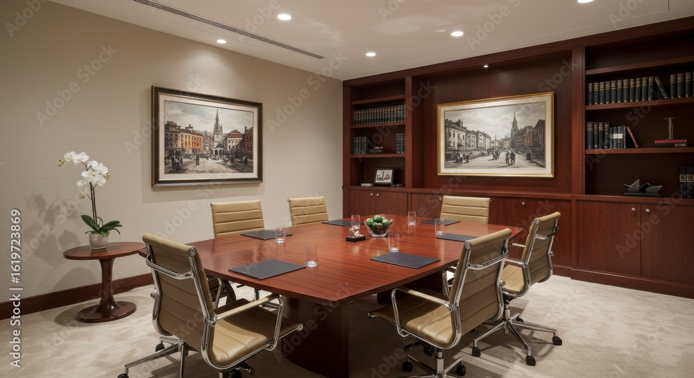 Fototapeta premium A sophisticated office conference room features a square wooden table surrounded by chairs, paintings, & bookshelves