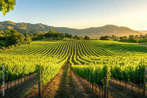 Lush vineyard rows stretch towards a tranquil horizon at sunrise.  Sunlight bathes the vibrant green foliage of grapevines, creating a picturesque landscape of rolling hills