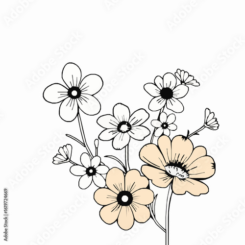 Delicate outline flowers with peach accents on white background floral drawing