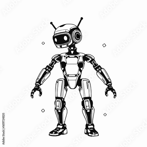 Black and white cartoon robot with antennas and glowing eyes on white background android cyborg
