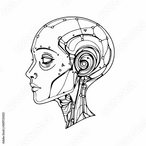 Black and white line art of a cyborg female head profile with intricate mechanical details robot android