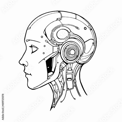Black and white line art of a cyborg woman's head in profile with intricate mechanical details robot