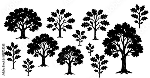 Isolated on white, this detailed image showcases a cluster of black tree silhouettes of various sizes, emphasizing nature and the distinct shapes of tree canopies and branches