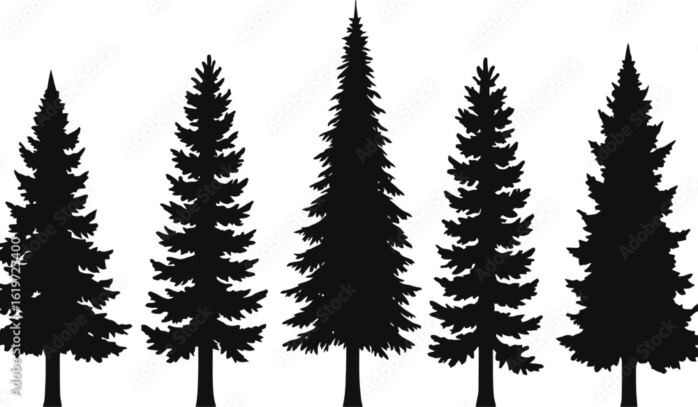 Fototapeta premium Silhouette Collection Five Evergreen Trees Vector Graphics for Design Projects