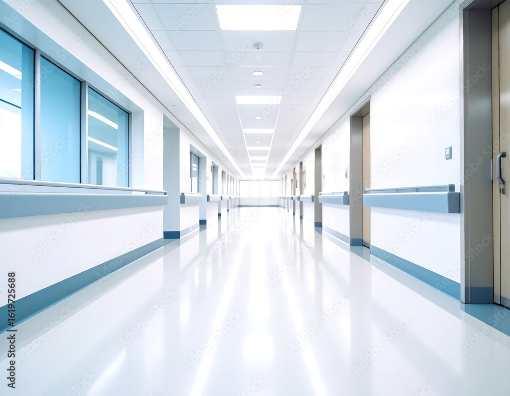 Obraz premium Empty hospital hallway, bright and clean