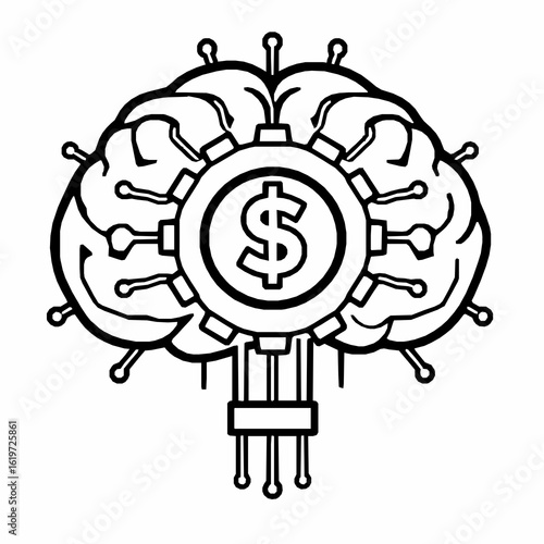 Stylized outline of a brain with a dollar sign gear at its center vector