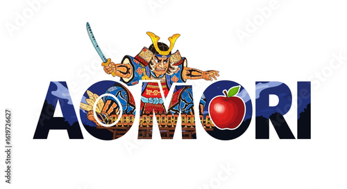 Aomori Japan samurai apple graphic vector.