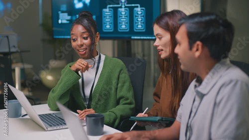 Business team collaboration for an ai and machine learning presentation. Focused software development in modern office, showcasing innovative technology concepts