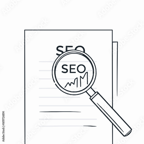 Magnifying glass over paper with S E O text and graph search engine