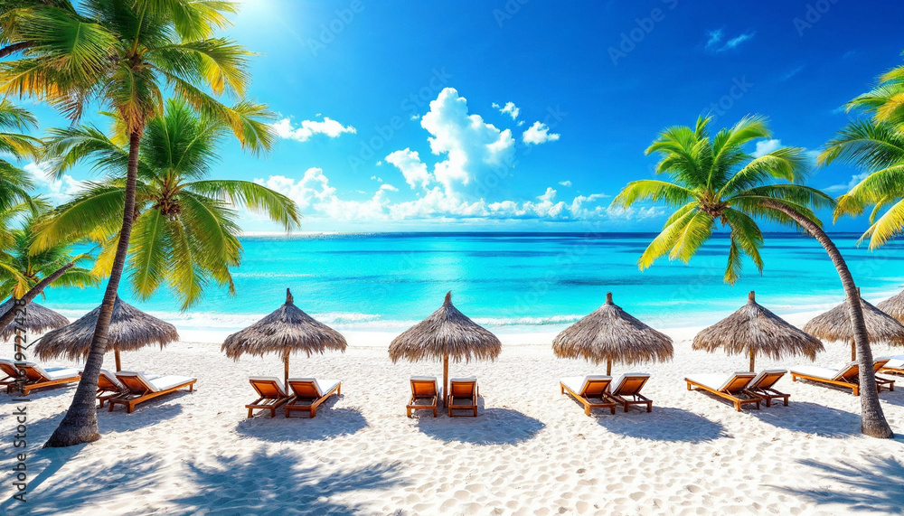Fototapeta premium Pristine white sand beach with turquoise water, palm trees, and sunny sky. 