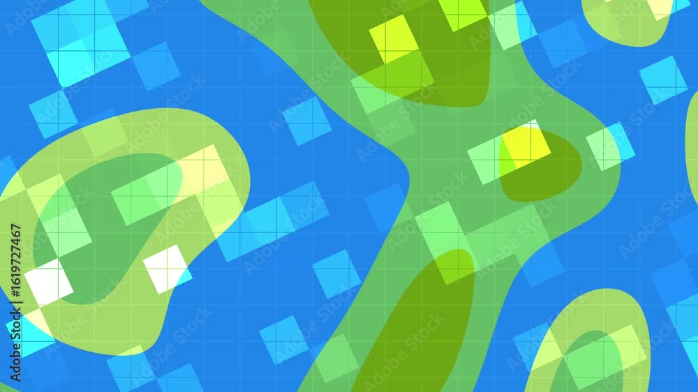 Abstracts Liquid Blink Square Abstract looping animation of vibrant blue, green, and yellow geometric shapes with grid overlay background