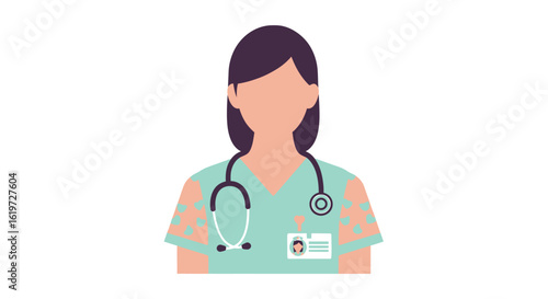Female doctor icon, teal scrubs, stethoscope, ID badge.