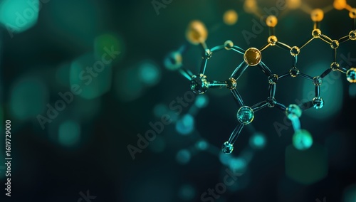 Abstract scientific illustration of molecules.  Complex molecular structure, teal and gold, bokeh effect