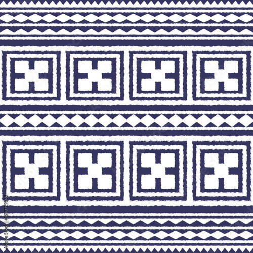 Seamless abstract navy blue and white geometric pattern with textured cross shaped squares and horizontal tribal lines