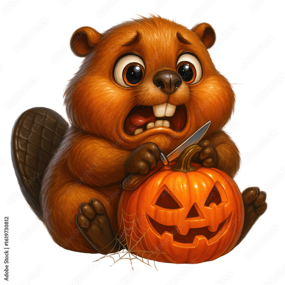 Fototapeta premium Scared beaver carving Halloween pumpkin with knife