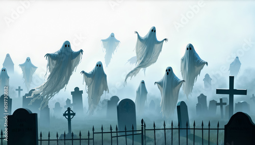 A spooky graveyard scene filled with floating ghosts. Perfect for Halloween, horror themes, the afterlife, or concepts of death and remembrance