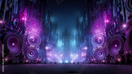 Giant speakers on a city street, blue and purple colors, cyberpunk style, urban and loud music concept
