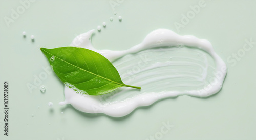 A vibrant green leaf rests on a creamy cleanser with water droplets, creating a refreshing atmosphere