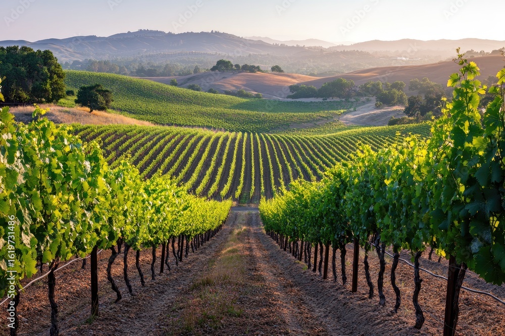 Fototapeta premium Lush vineyard rows stretch towards a hazy mountain range at dawn
