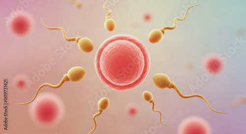 3D Illustration of Human Sperm Approaching Egg Cell – Fertilization and Reproduction Concept